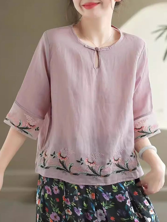 Audrey® | Damen Sommer Vintage Floral Stickerei Ramie Shirt