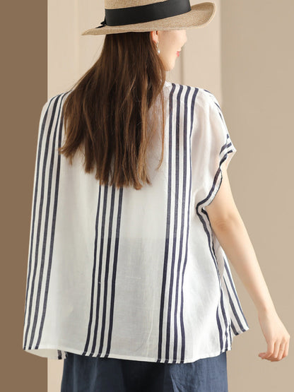 Adison® | Women Summer Artsy Stripe V-Neck Thin Linen Shirt CV1053