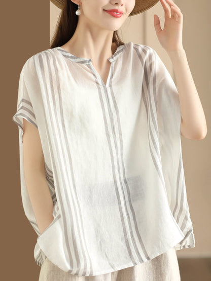 Adison® | Women Summer Artsy Stripe V-Neck Thin Linen Shirt CV1053