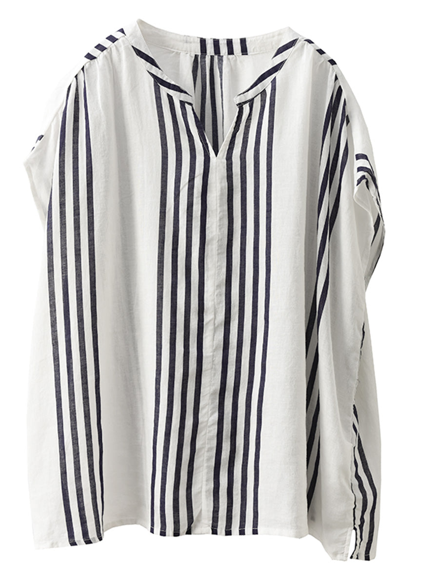 Adison® | Women Summer Artsy Stripe V-Neck Thin Linen Shirt CV1053