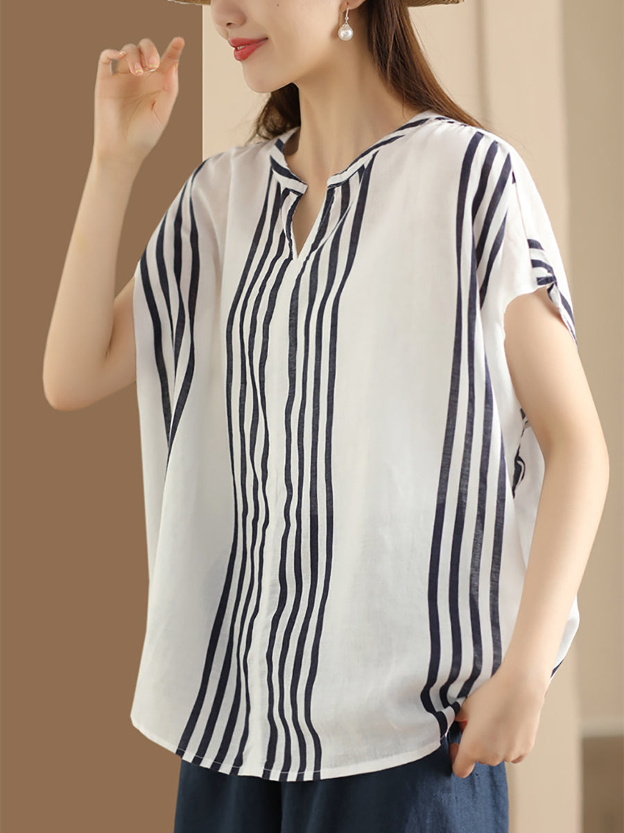 Adison® | Women Summer Artsy Stripe V-Neck Thin Linen Shirt CV1053