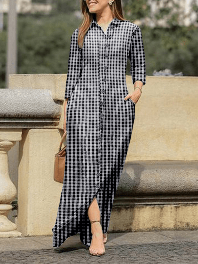 Ada® | Plaid Revers Knopf lange Ärmel Hemd Kleid für lässig und Chic Stil