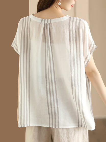 Adison® | Women Summer Artsy Stripe V-Neck Thin Linen Shirt CV1053