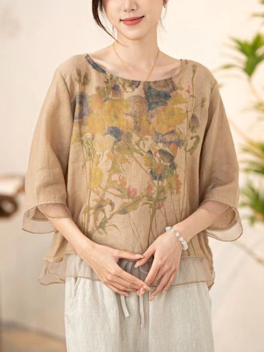 Hana® | Frauen Sommer Vintage Blume gespleißt O-Neck Shirt