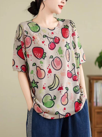 Madeline® | Women Summer Vintage Print Cutout O-Neck Shirt