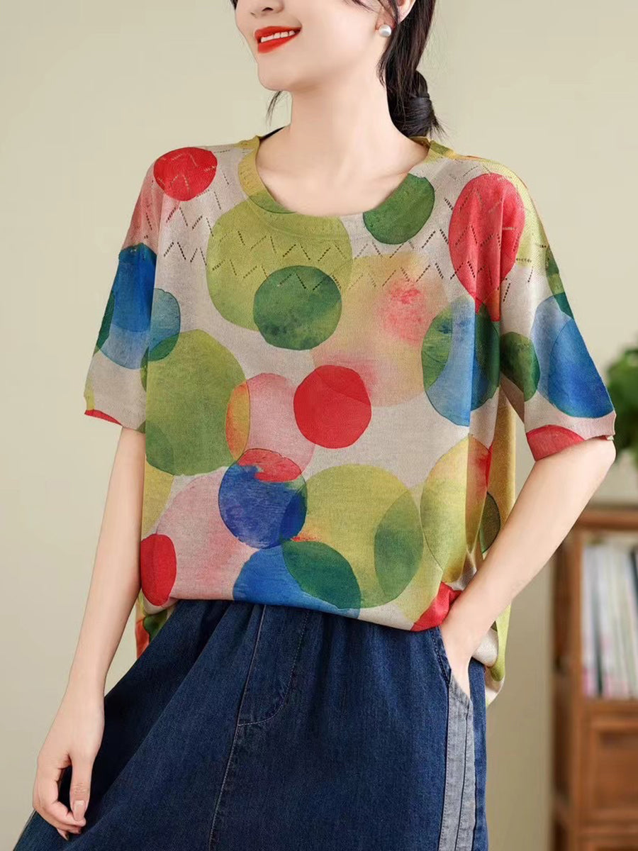 Madeline® | Women Summer Vintage Print Cutout O-Neck Shirt