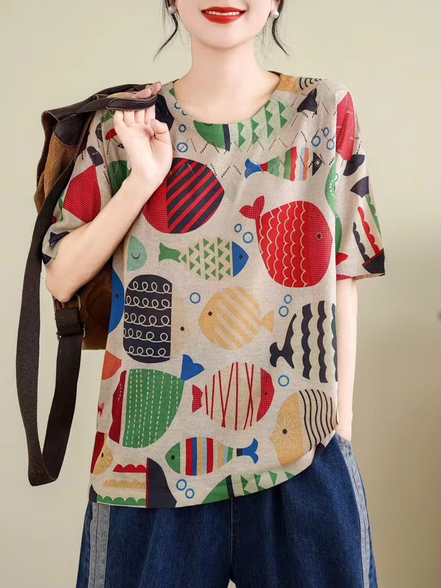 Madeline® | Women Summer Vintage Print Cutout O-Neck Shirt