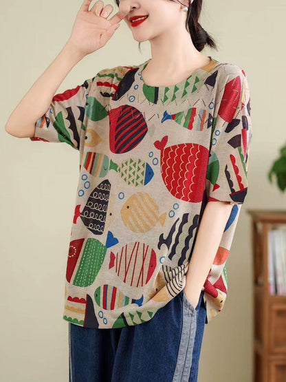 Madeline® | Women Summer Vintage Print Cutout O-Neck Shirt