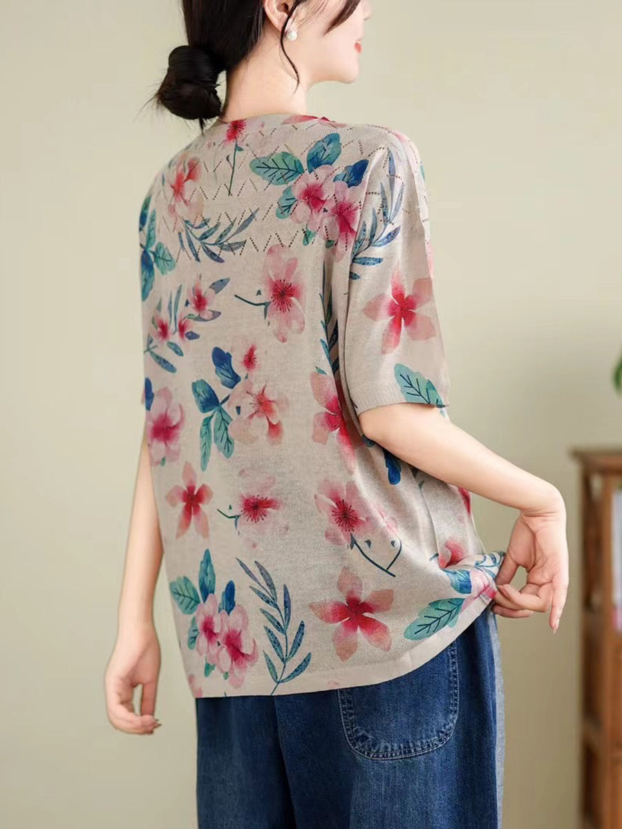 Madeline® | Women Summer Vintage Print Cutout O-Neck Shirt