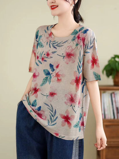 Madeline® | Women Summer Vintage Print Cutout O-Neck Shirt