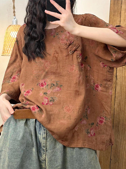 Camia® | Women Summer Vintage Floral O-Neck Buckle Cotton Shirt