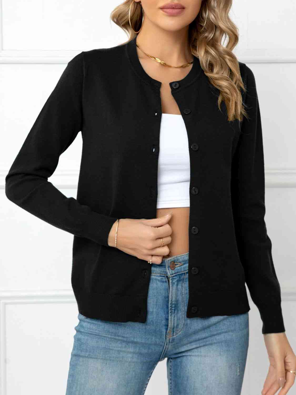 Button Down Round Neck Cardigan - Deals DejaVu