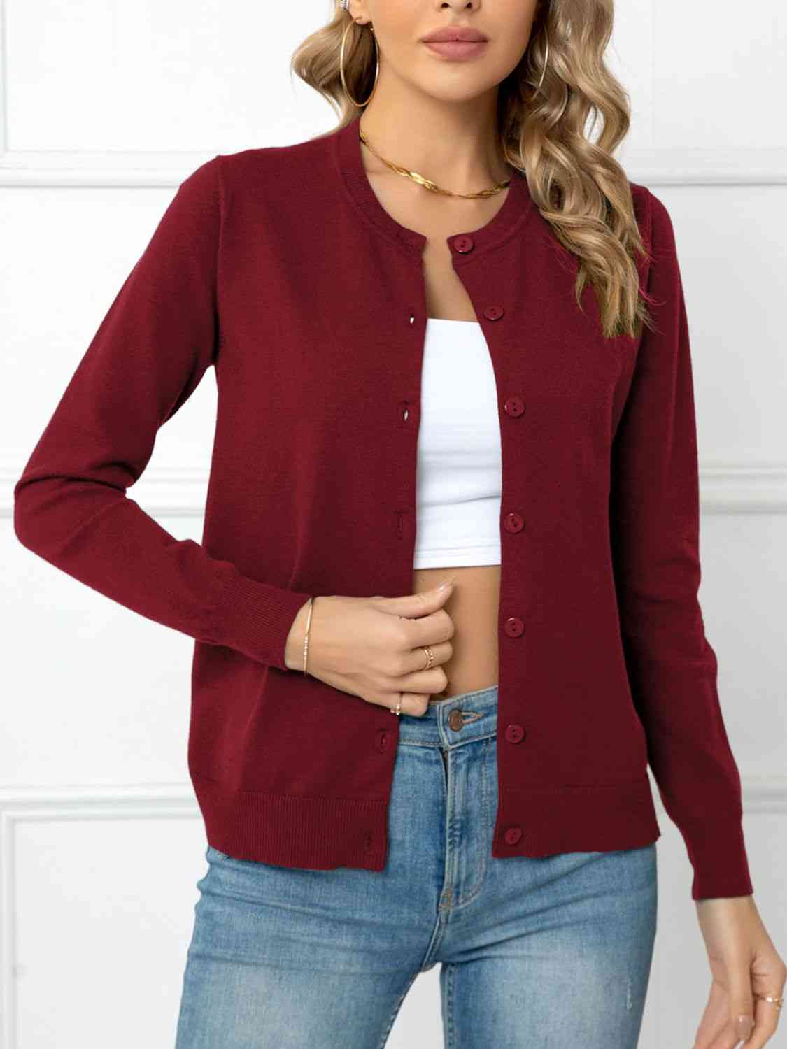 Button Down Round Neck Cardigan - Deals DejaVu