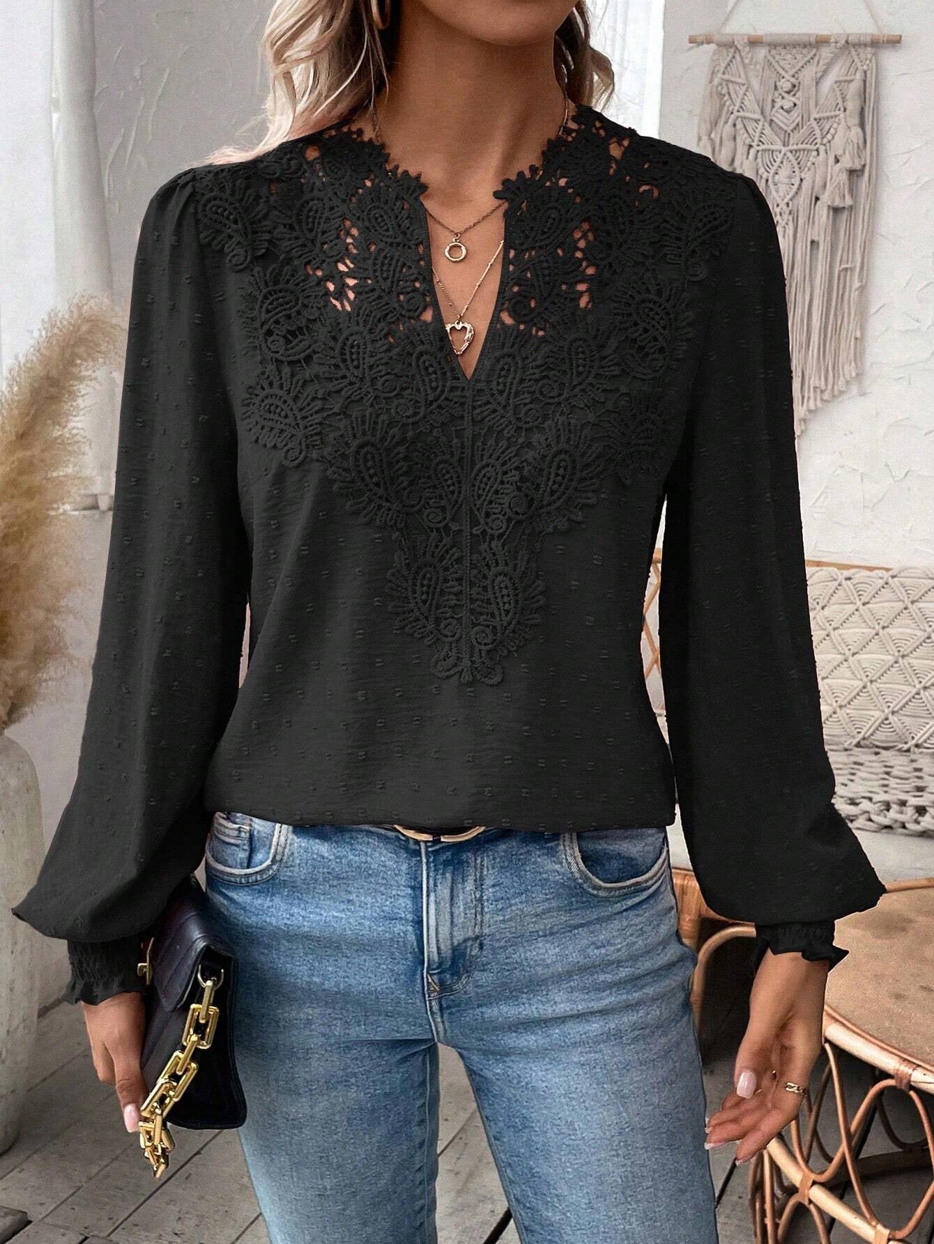 Women’s Elegant Long Sleeve Blouse with Lace Overlay