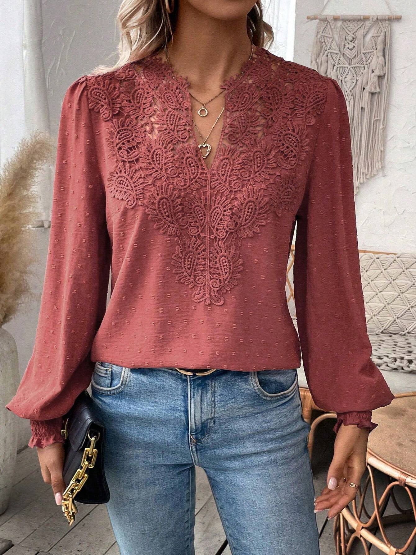 Women’s Elegant Long Sleeve Blouse with Lace Overlay