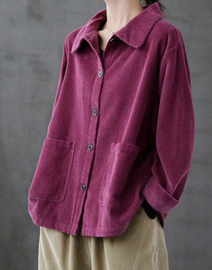 Purple Loose Pockets Shirt Top Long Sleeve Corduroy Coat - SooLinen