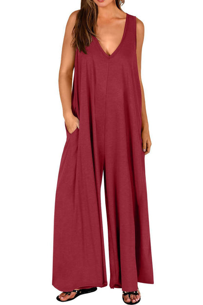 Abigail® | Solide V-Ausschnitt Tasche weites Bein Jumpsuits