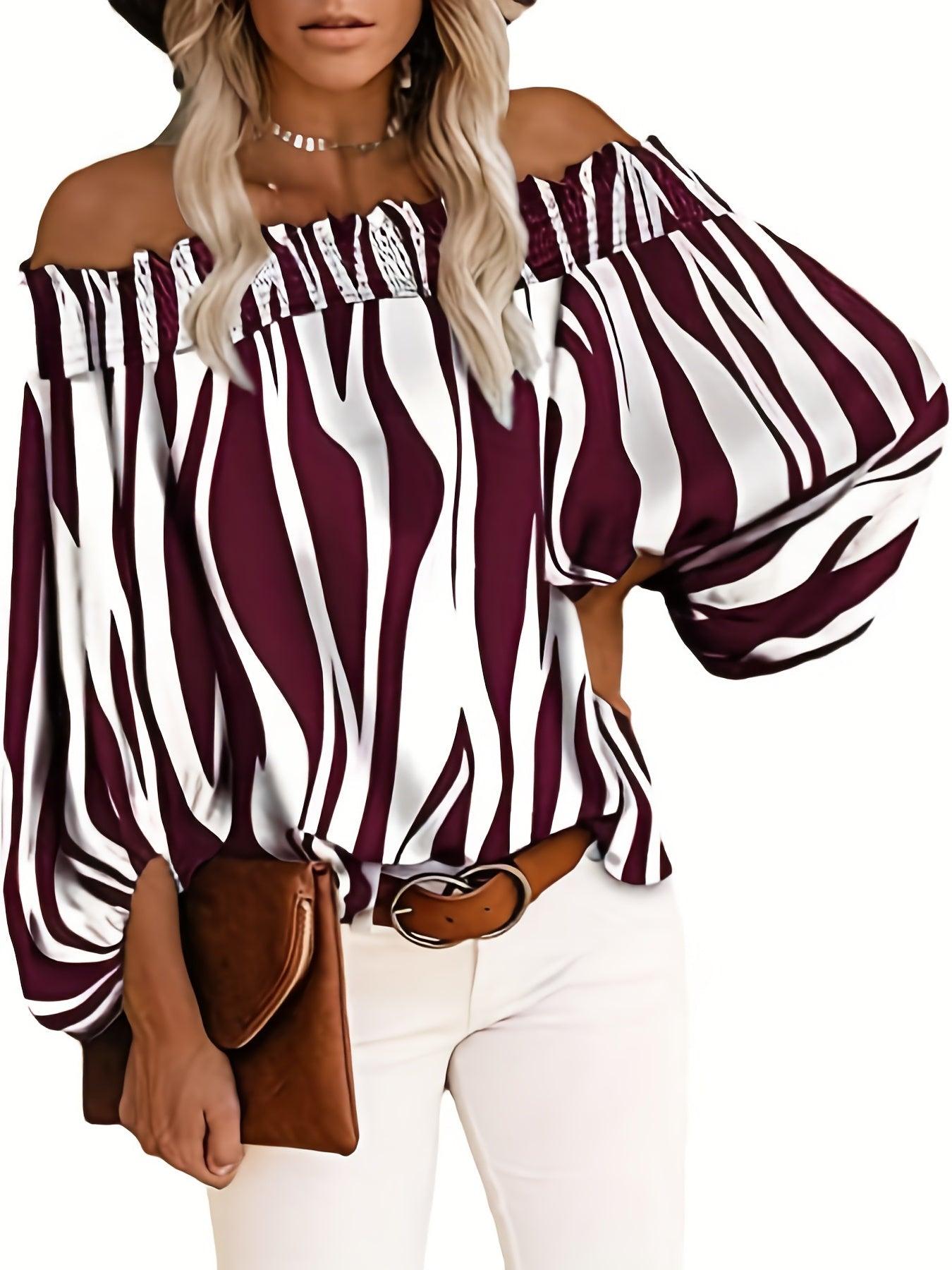 Chic Off Shoulder Striped Blouse - Fashionable Lantern Sleeves - Ultra-Comfortable Womens Casual Top - Shop & Buy