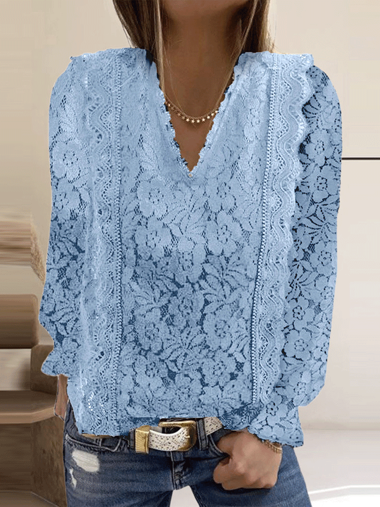 Women's Blouse Casual Solid Lace V-Neck Long Sleeve Blouse - Blouses - INS | Online Fashion Free Shipping Clothing, Dresses, Tops, Shoes - 20-30 - 21/10/2021 - BLO2110211375